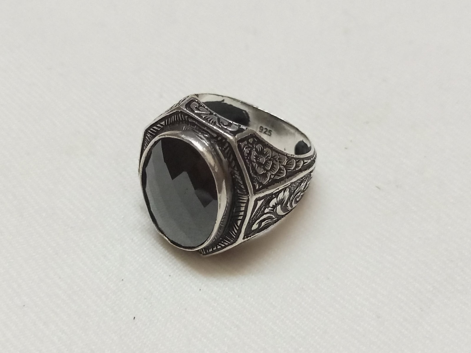 Vintage Turkish Men’s Ring 925 Sterling Silver Black Onyx Carved Engraved 18.4g