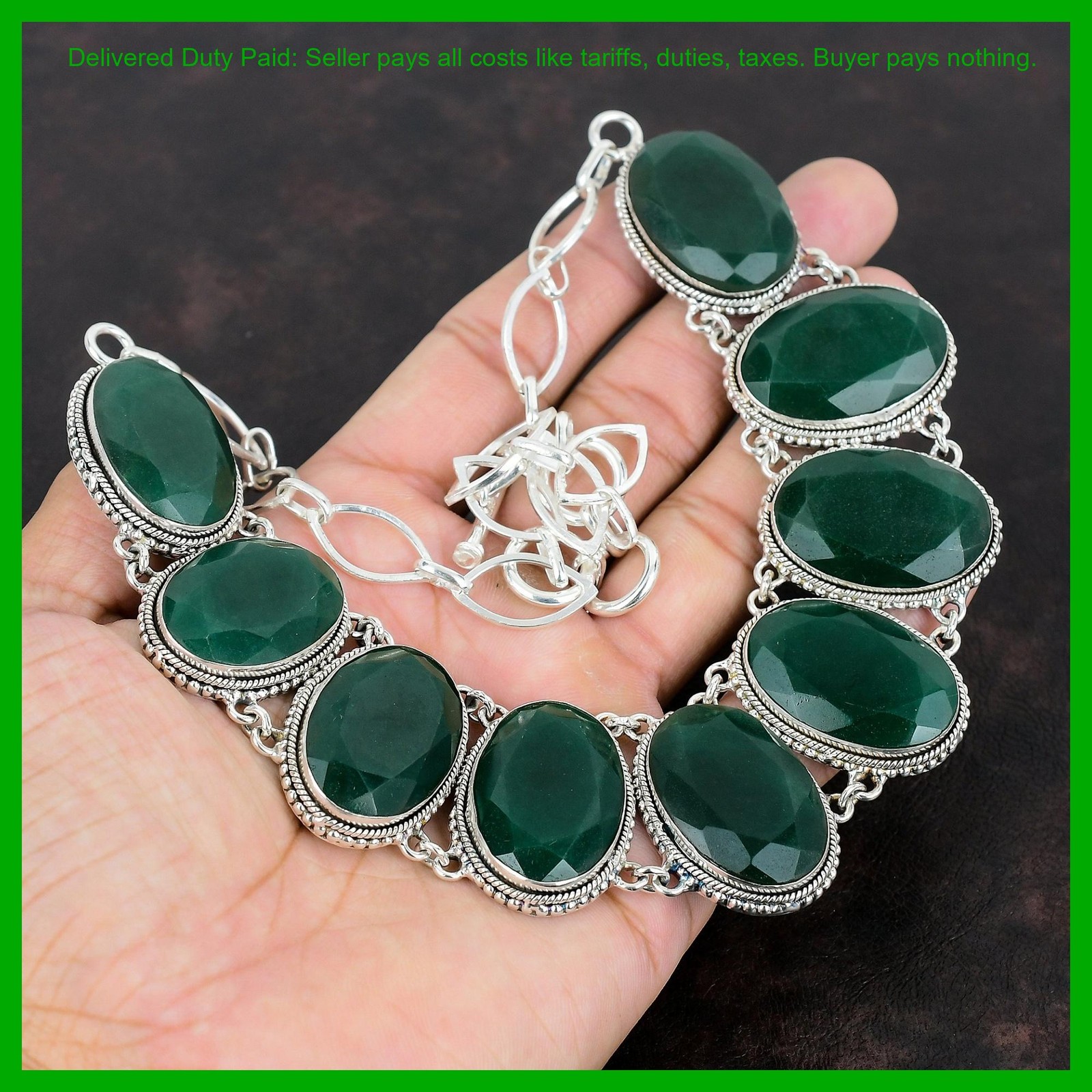 925 Silver Zambian Emrald Stone Engagement Vintage Daughter Gift Chain Necklace