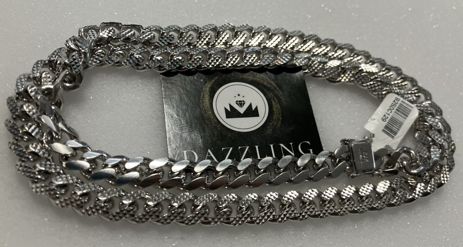 925 Sterling Silver Italy Solid Cuban Chain Dia-Cuts 129grams 9.7mm 26″ Box-Lock