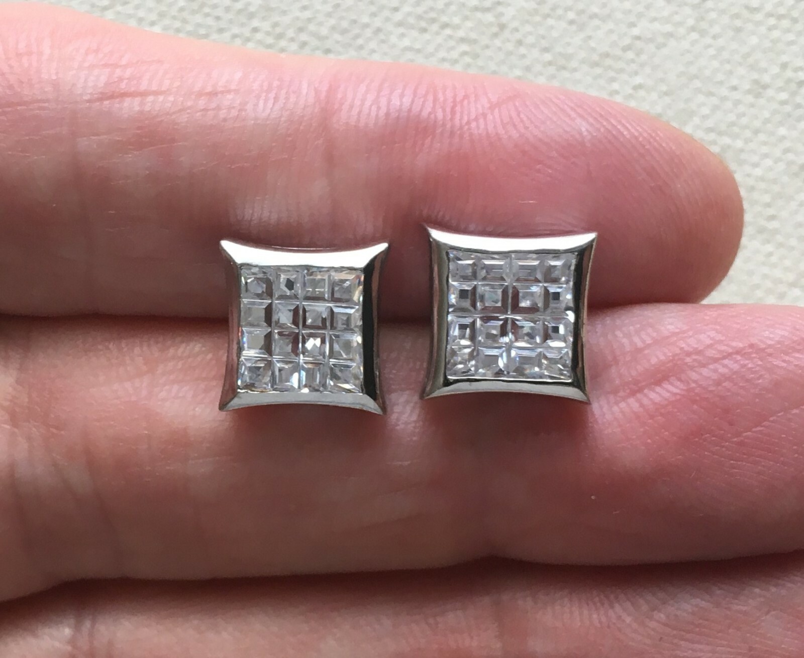 Hip Hop Statement Pave Crystal Stud Earrings Squared Modernist Sterling 3/8″