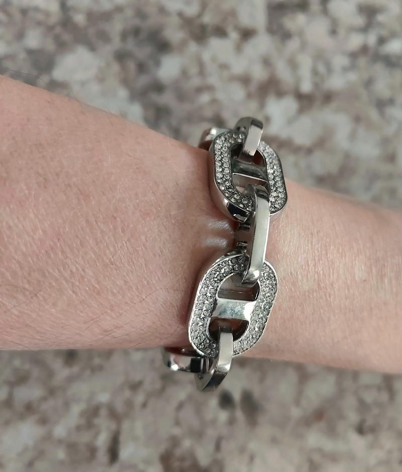 Vintage Silver Tone Chunky Link Statement Bracelet 7.5″ Pave Crystals and Charm