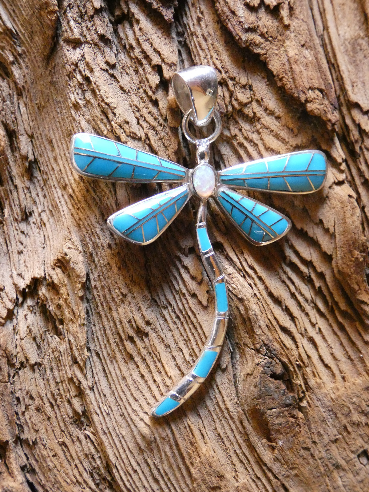 Dragonfly Southwest Sterling Silver Turquoise & Opal Gemstone Pendant NEW Z18