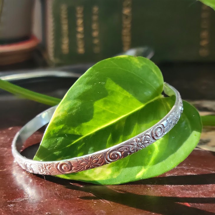 Sterling Silver Floral Cuff Bracelet Acid Tested Unmarked Botanical Swirl Bangle
