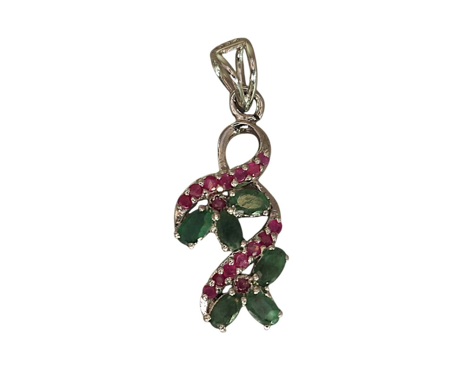 Sterling Silver Green & Red Gemstone Floral Vine Pendant