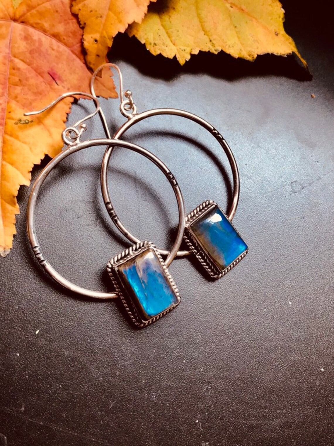 Fire Labradorite Earrings 925 Sterling Silver Hoop Earrings Bridesmaids Earrings
