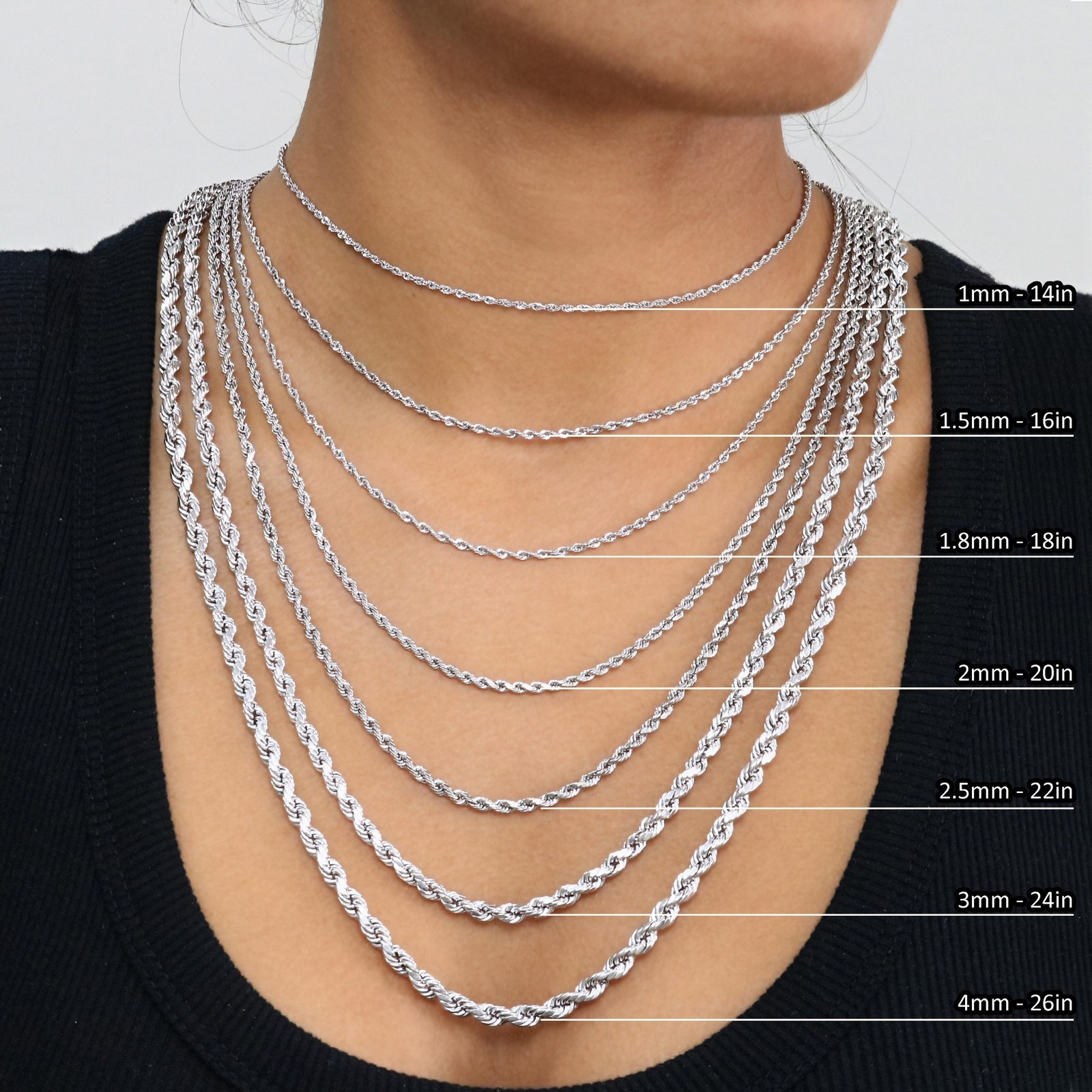 10K White Gold 1.5mm-7mm Diamond Cut Rope Chain Necklace Mens Womens 16″-30″