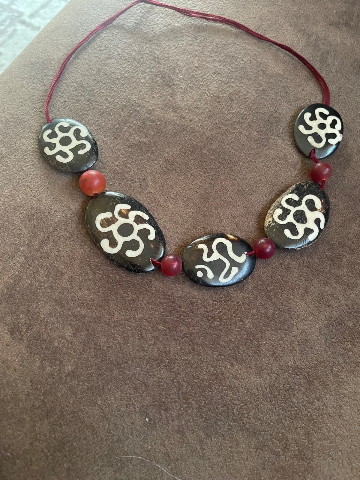 Lot of 5 Vintage Tibetan Carved Water Buffalo Bone Beads, Hand Inlaid Amulets