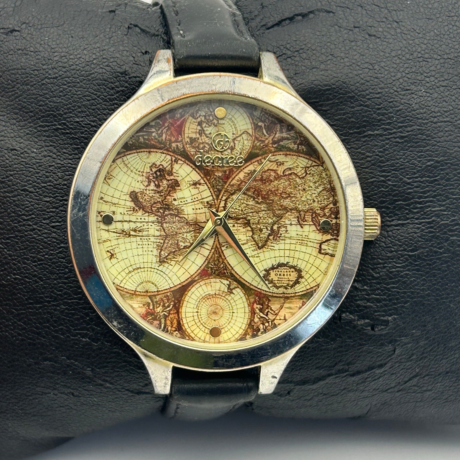 Decree World Map Dial Silver Black Leather Watch Working New Battery