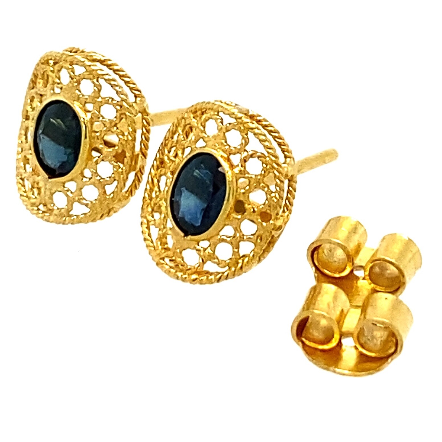 Pretty Openwork 18 Karat Gold & Oval Sapphire Stud Earrings, 1.4 Grams