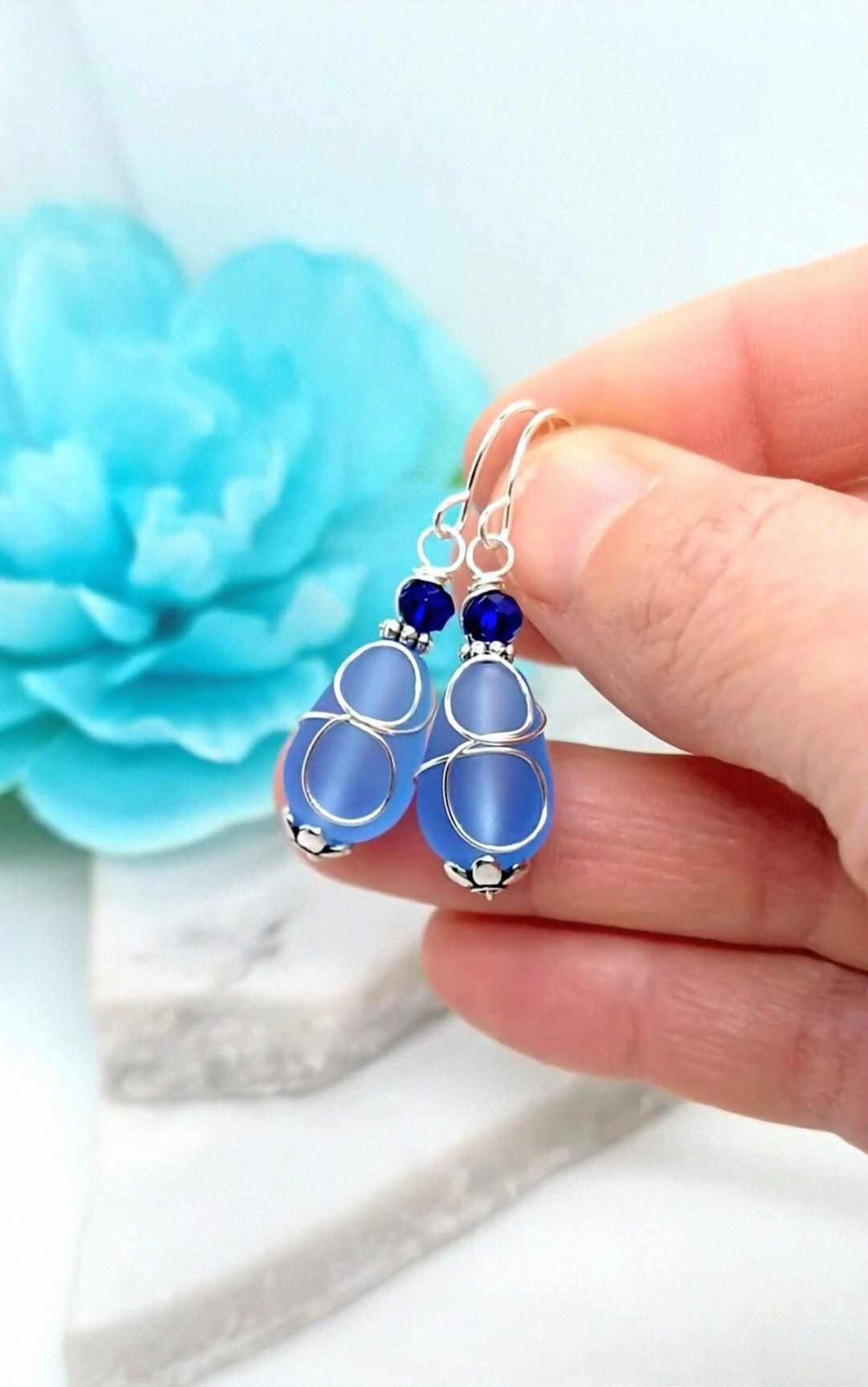 Teardrop Blue Frosted Seaglass Glass Earrings Everyday Wedding Sterling Silver