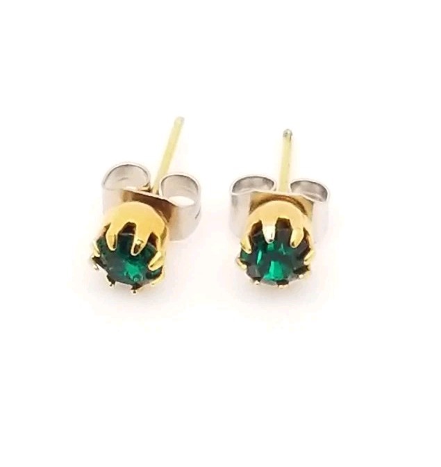 Vintage Gold Tone Stud/ Post Earrings Faux Emerald Dark Green Glass Jewel 4mm