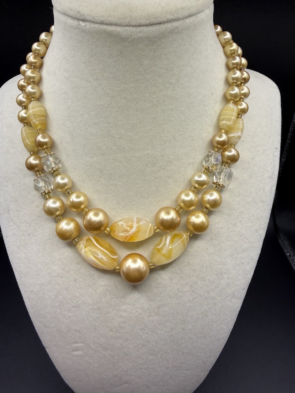 Vintage Unsigned Glass Bow Pearl Double Strand Necklace 50s Japan