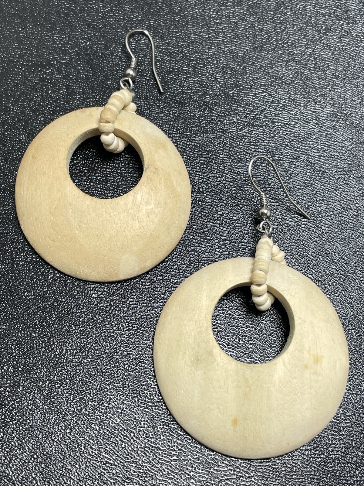 Vintage 2.8” Wood Beaded Dangle Bohemian Hook Earrings