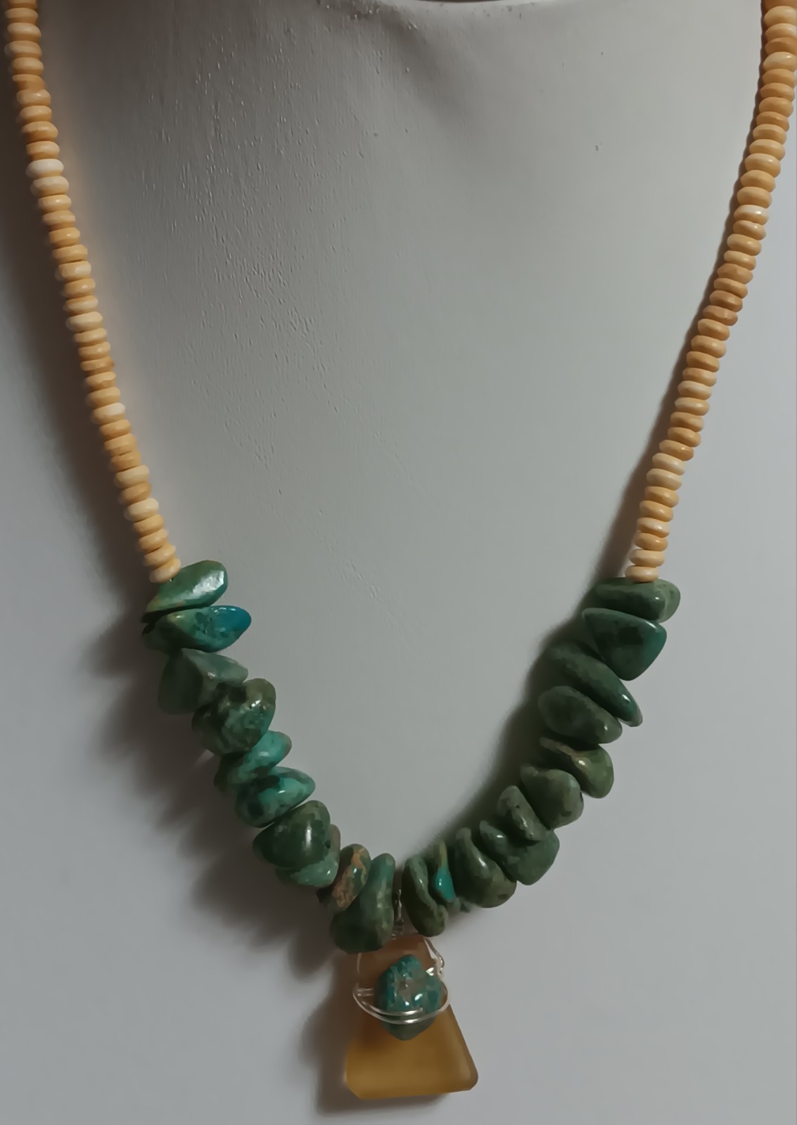 Vintage American, Turquoise Nuggets, And Wooden Bead Necklace with Seaglass 18″