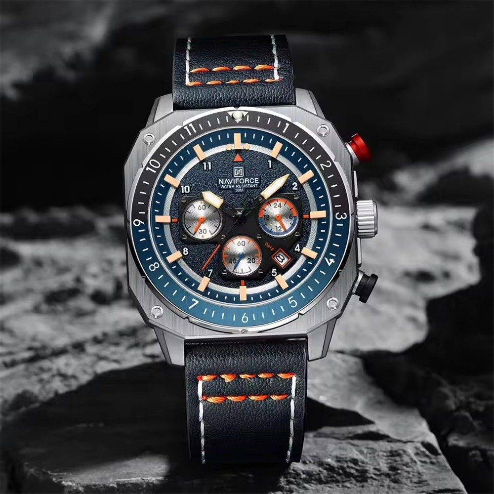 NAVIFORCE Men Watches Military Chronograph Square Watch Leather Date Wristwatch