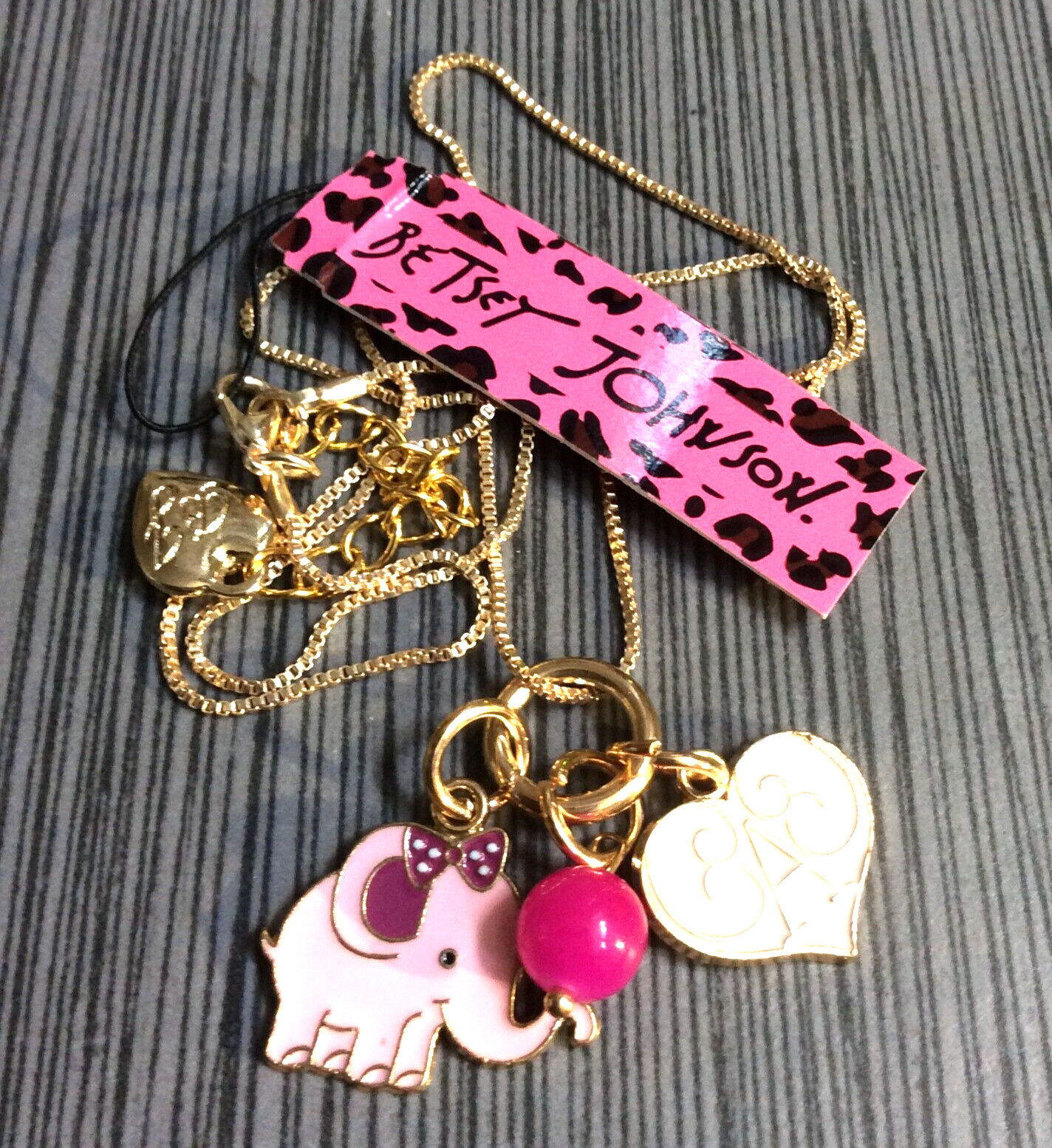 Betsey Johnson Beautiful Pink Heart, Elephant Pendant with Pink Gem Necklace!
