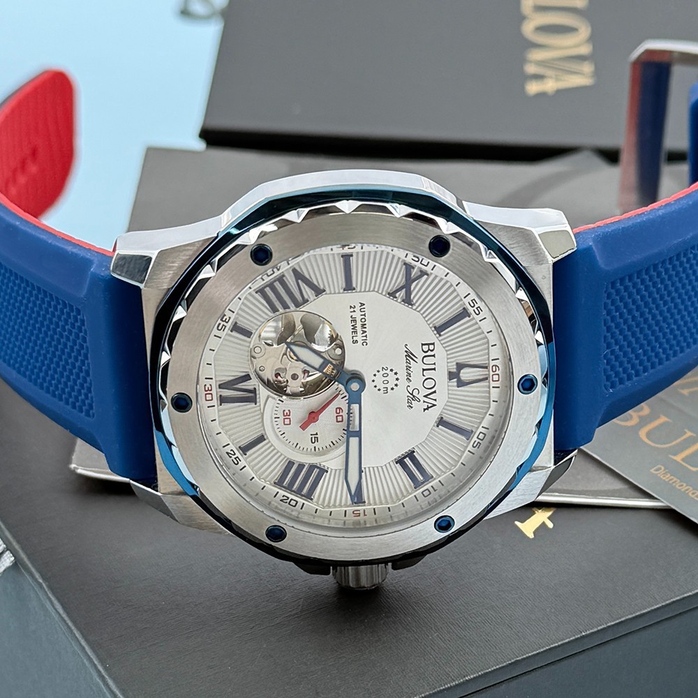 Men’s Bulova 98A225 Marine Star White Dial Rubber Strap Automatic Watch 45mm