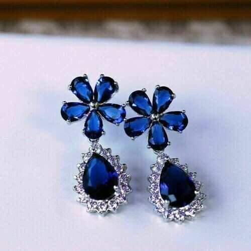 4.50Ct Pear Cut Simulated Blue Sapphire Drop Earrings In 14K White Gold Plated