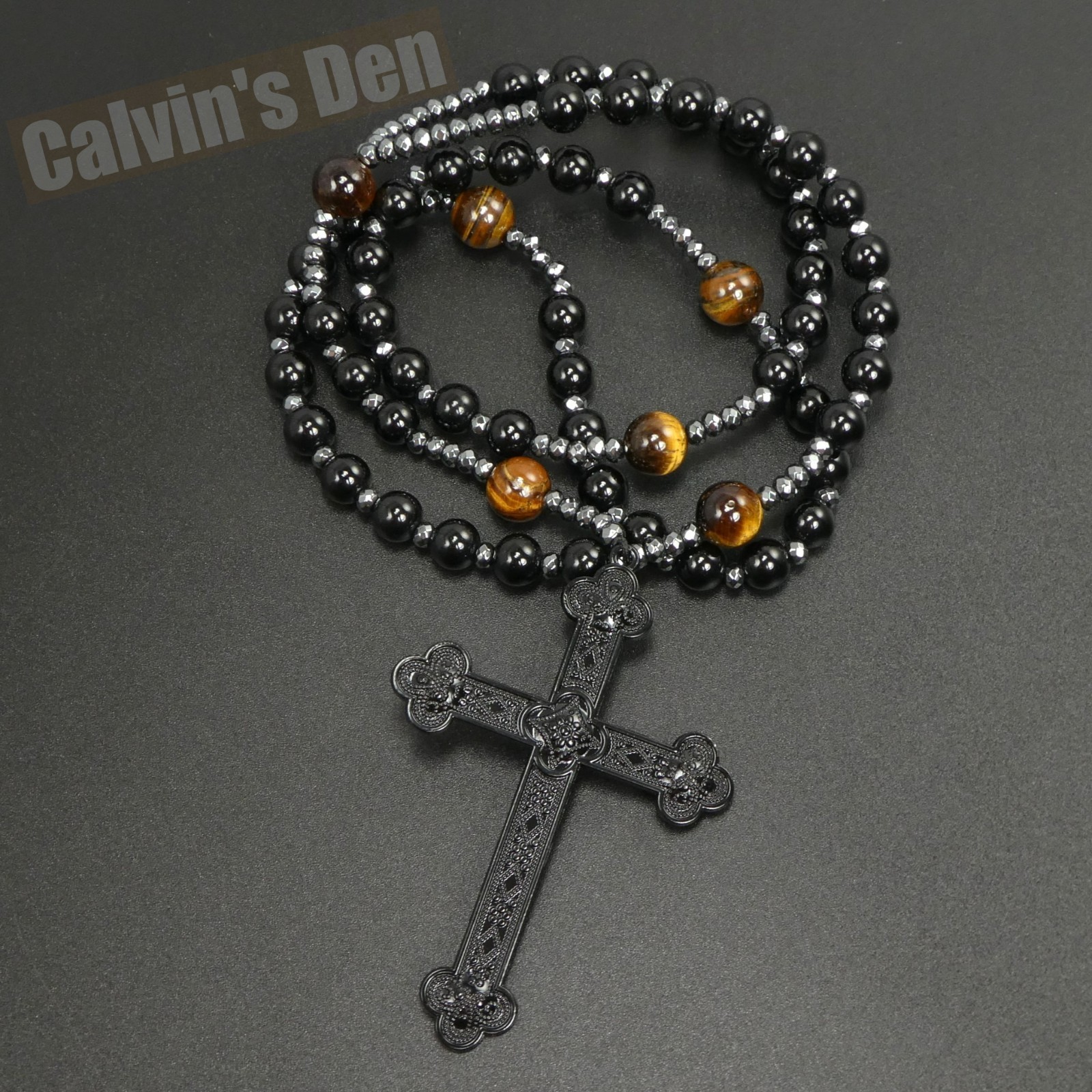 Large Gothic Punk Cross Pendant Tiger Eye Black Onyx Beads Rosary Necklace Men