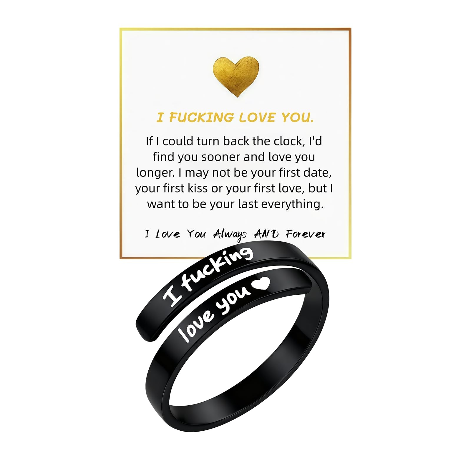 I Fcking Love You Ring, Stainless Steel Engraved Inspirational Words Heart Ope
