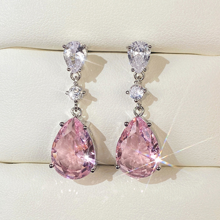 Trendy Flower Water Drop Pave Pear Pink Cubic Zirconia Dangle Drop Stud Earrings