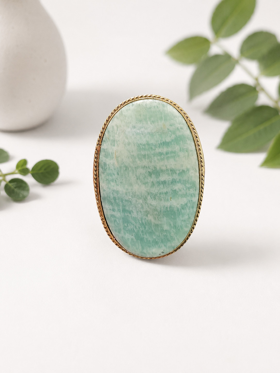 Natural Amazonite Brass Frame Groove Cabochon – Green Gemstone Jewellery Making