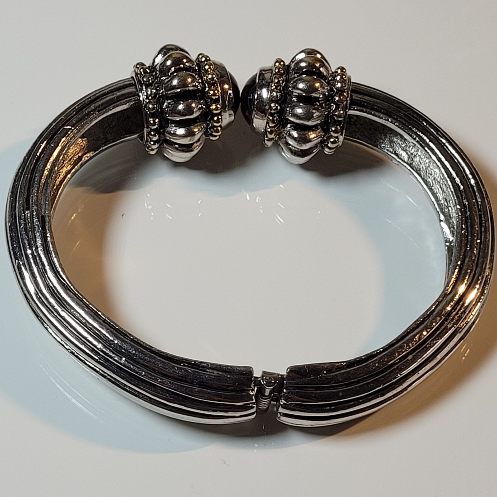 Vintage Heavy Silver And Gold Hinged Bangle Bracelet With Dark Burgundy Stones