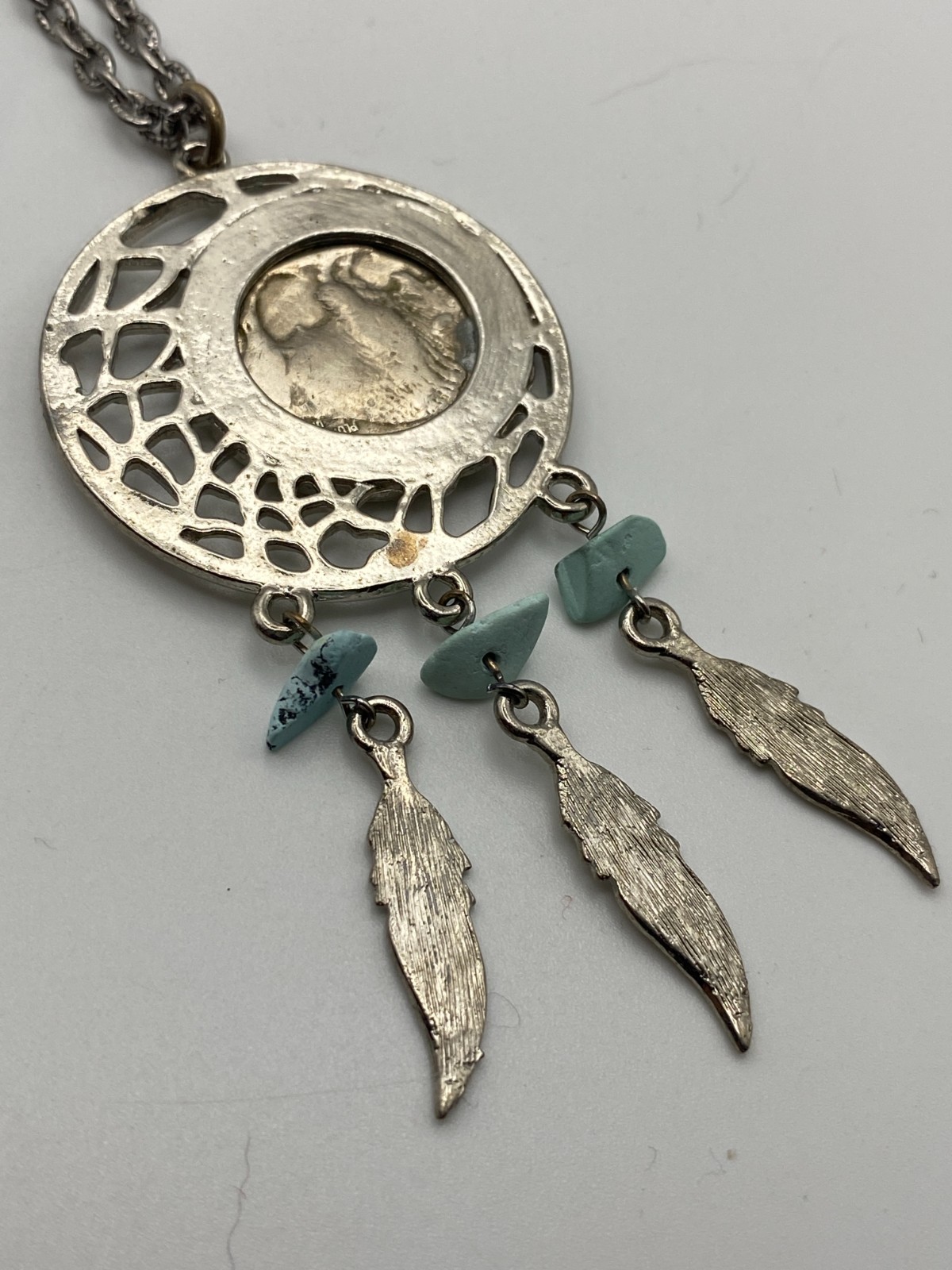 1925 Buffalo Nickel Dream Catcher Pendant 24″ Chain Silver Tone Metal Chain