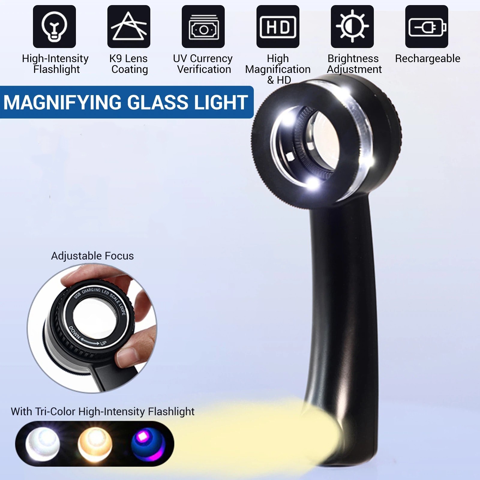 HandHeld 10X Optical Glass Magnifier Lighted Jeweler Loupe with Measure Scale