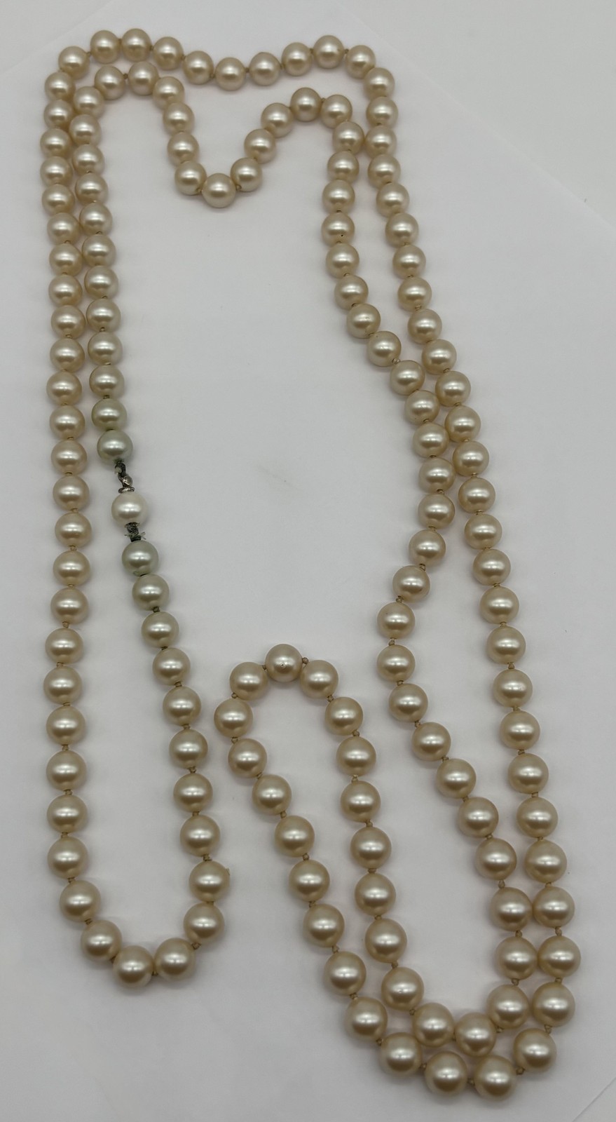 Vintage 10MM Faux Pearl Necklace Single Strand Opera Length Cream Color Unsigned