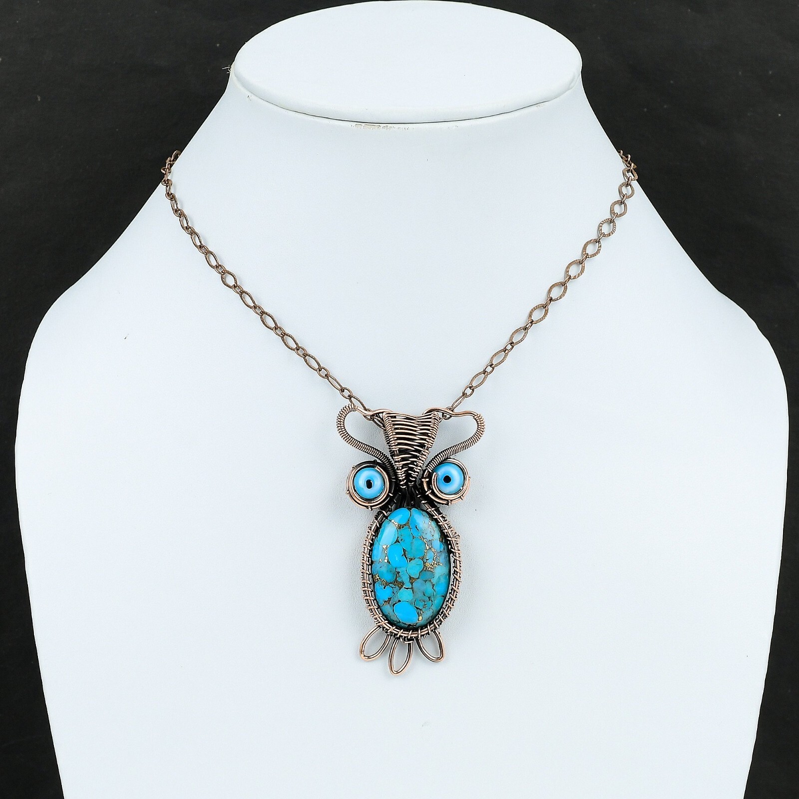 Valentines Sale Oval Copper Blue Turquoise Stone Copper Wire Wrapped Owl Pendant