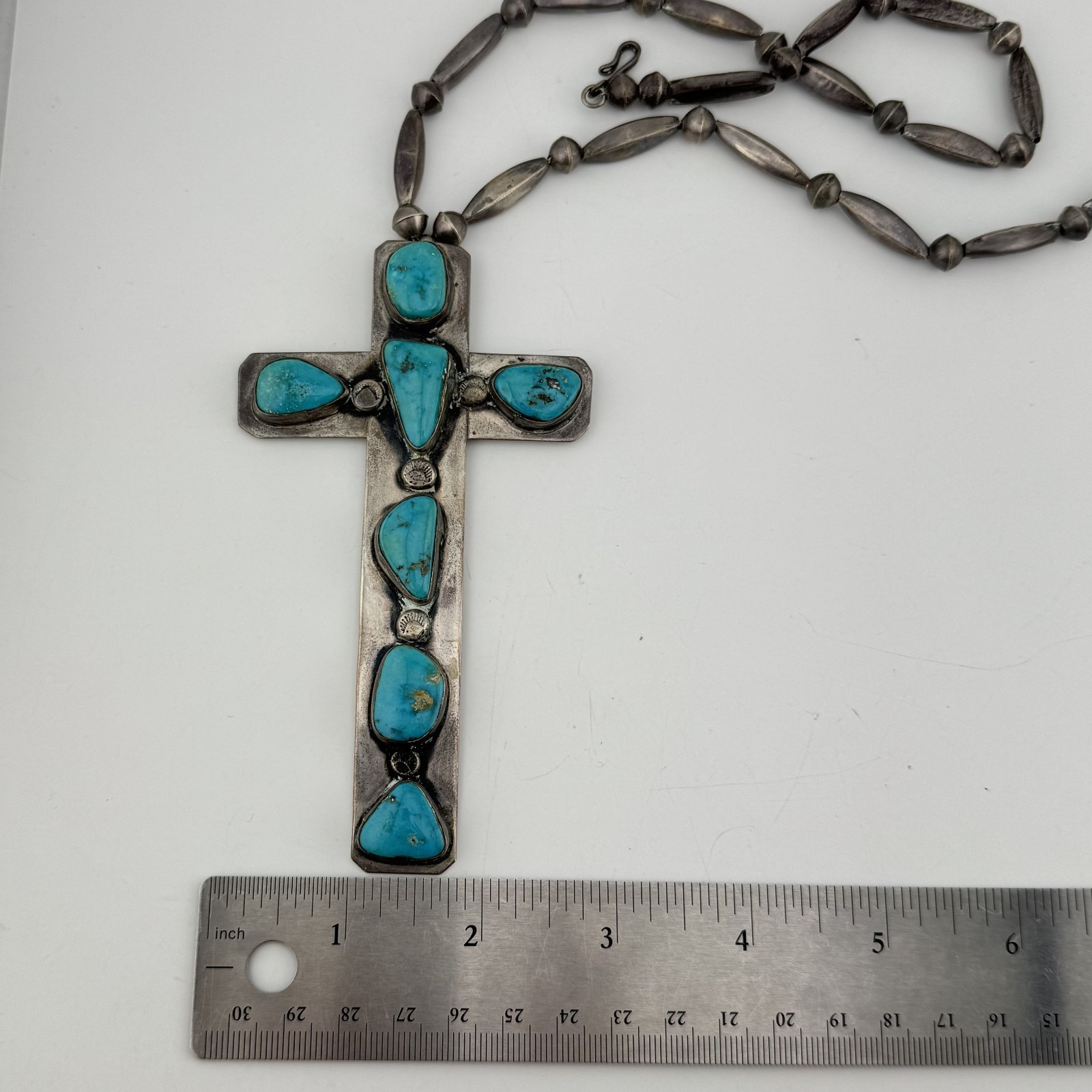 Large Vintage Southwestern Sterling Silver & Turquoise Cross Necklace 77.8g