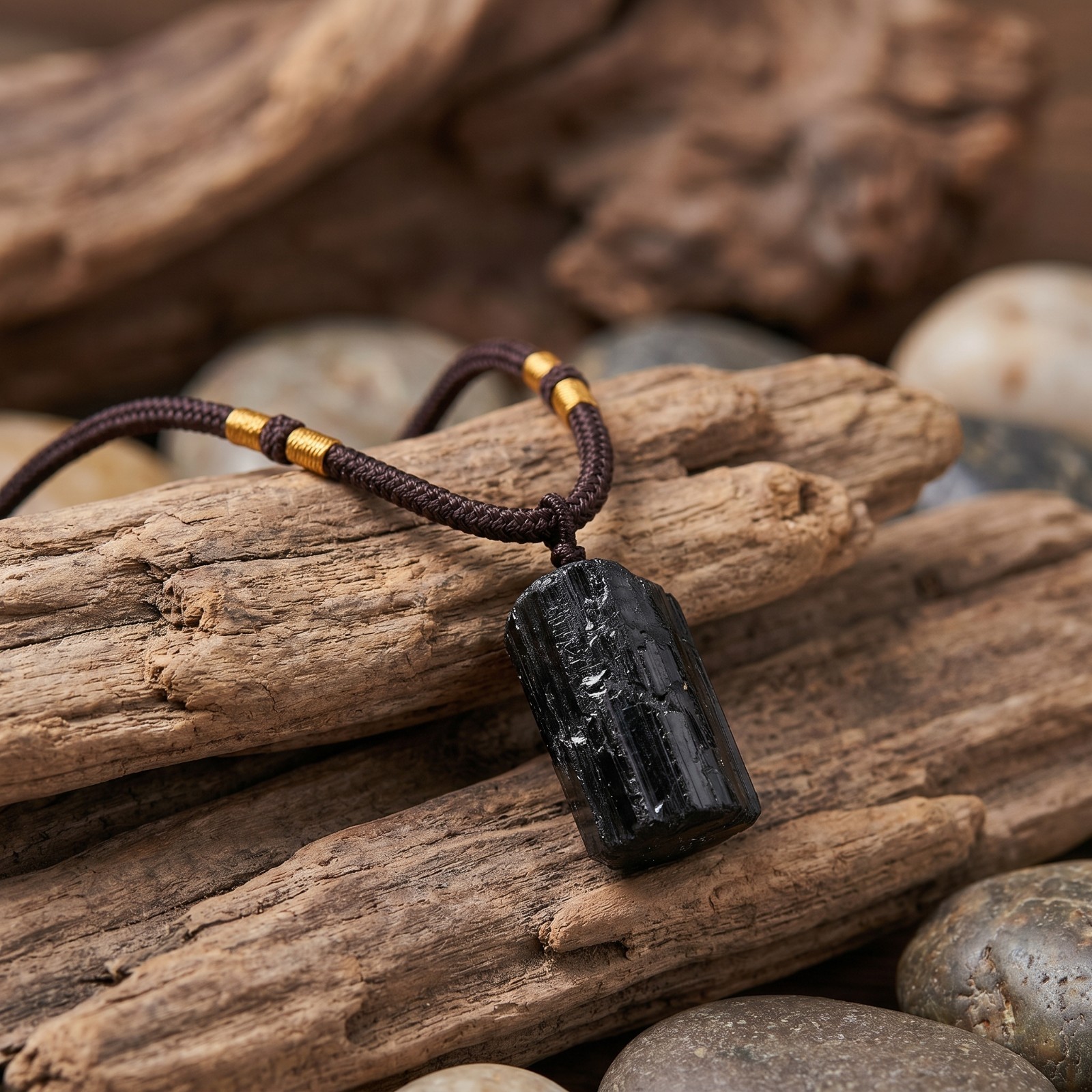 Natural Black Tourmaline Pendant Necklace Adjustable Protection Grounding Unisex