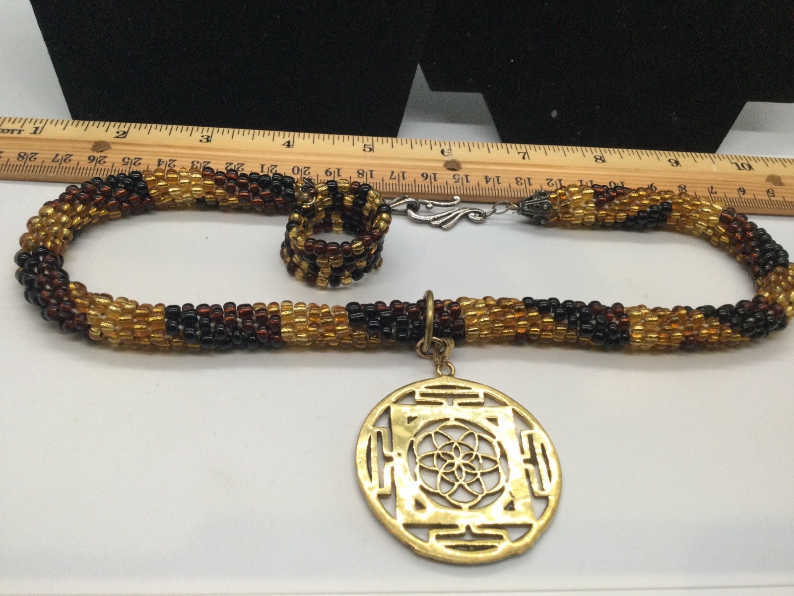 Artisan Made Seed Bead Necklace With Pendant And Coil Seed Bead Ring