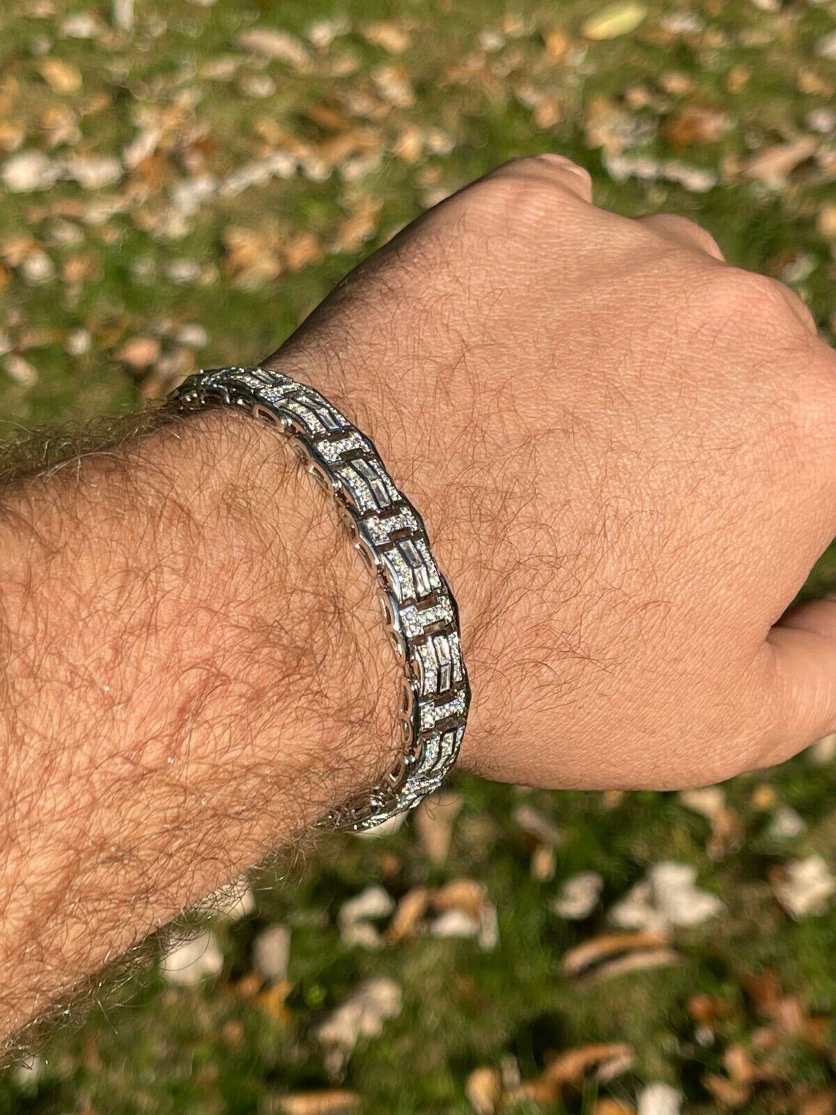 Men’s Real 925 Sterling Silver Iced Baguette Hip Hop Bust Down CZ Bracelet