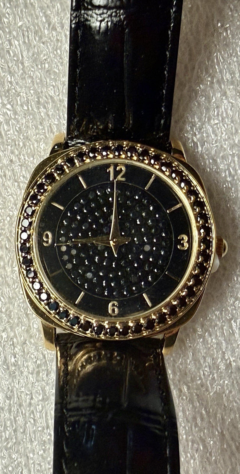 New Victoria Wieck Watch Womens Black Crystal Gold Trim Black Leather See Desc.