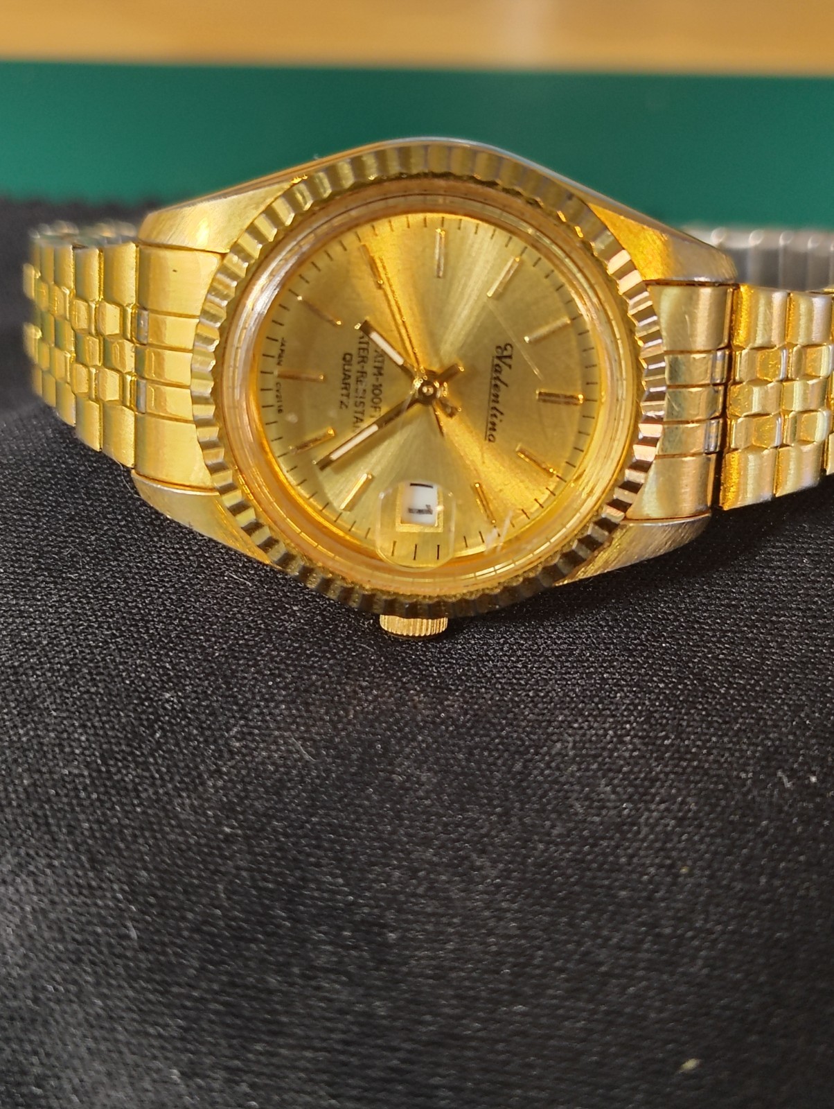 Valentino Quartz 34-35mm Gold Tone Sunburst Dial Date Stretch Bracelet Watch