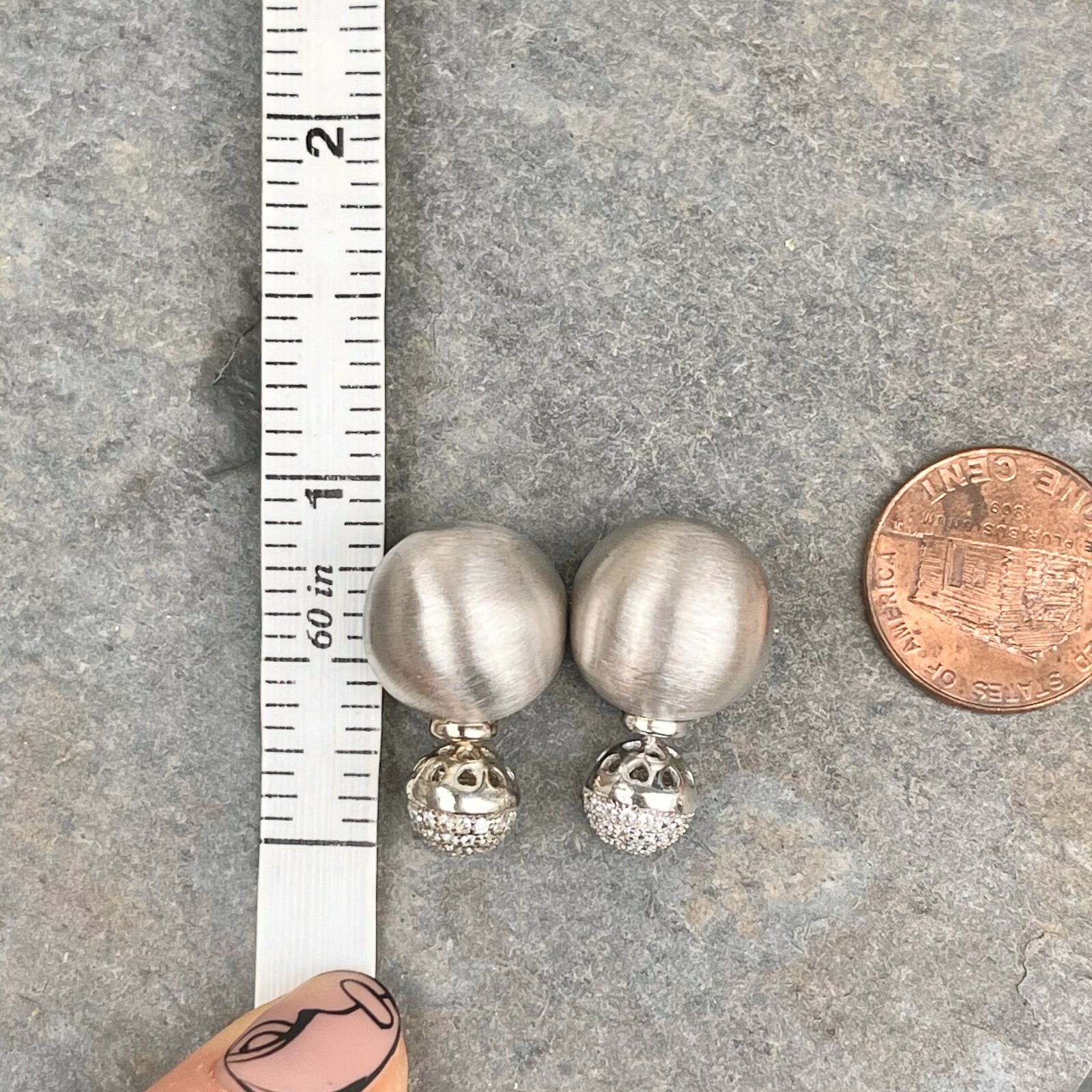 Sterling Silver Double-Ended Satin + Crystal Ball Earrings Small and Large NEW
