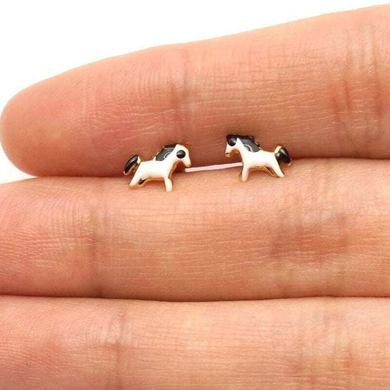 14K Solid Yellow Gold Black & White Enamel Horse Screwback Stud Kids Earrings