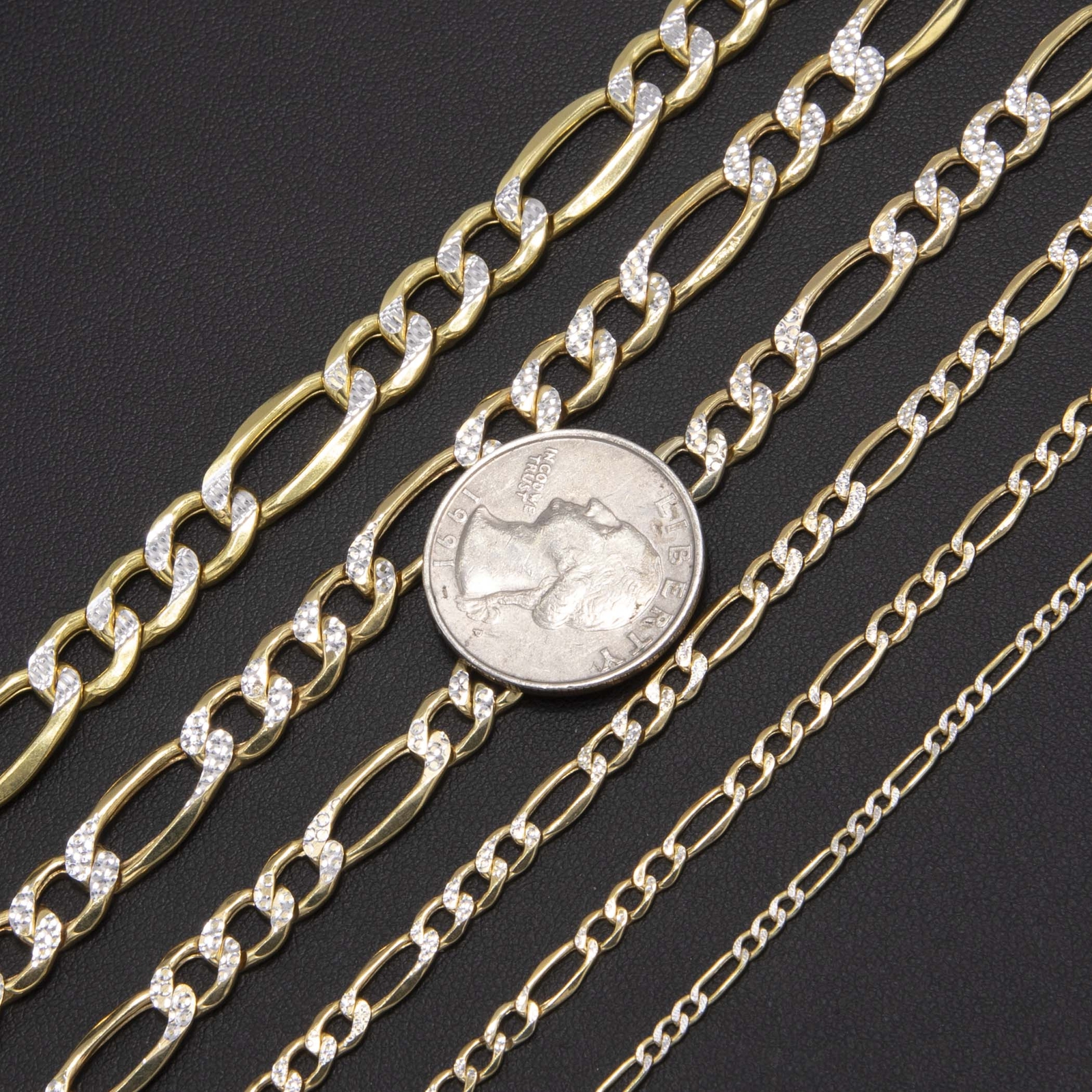 10K Yellow White Gold Diamond-Cut Figaro Link Chain Bracelet All Sizes