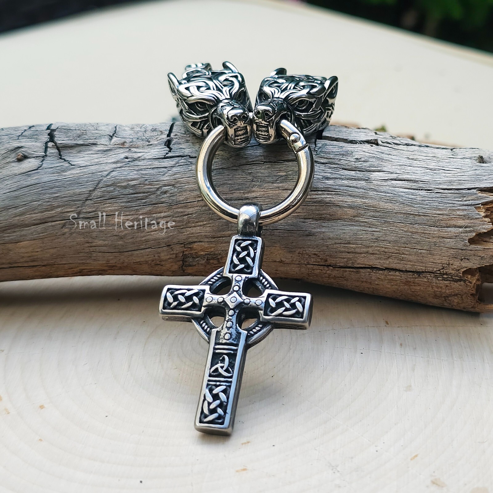 Large Wolf Cross Necklace – Heavy Stainless Steel Celtic Viking Pendant for Men