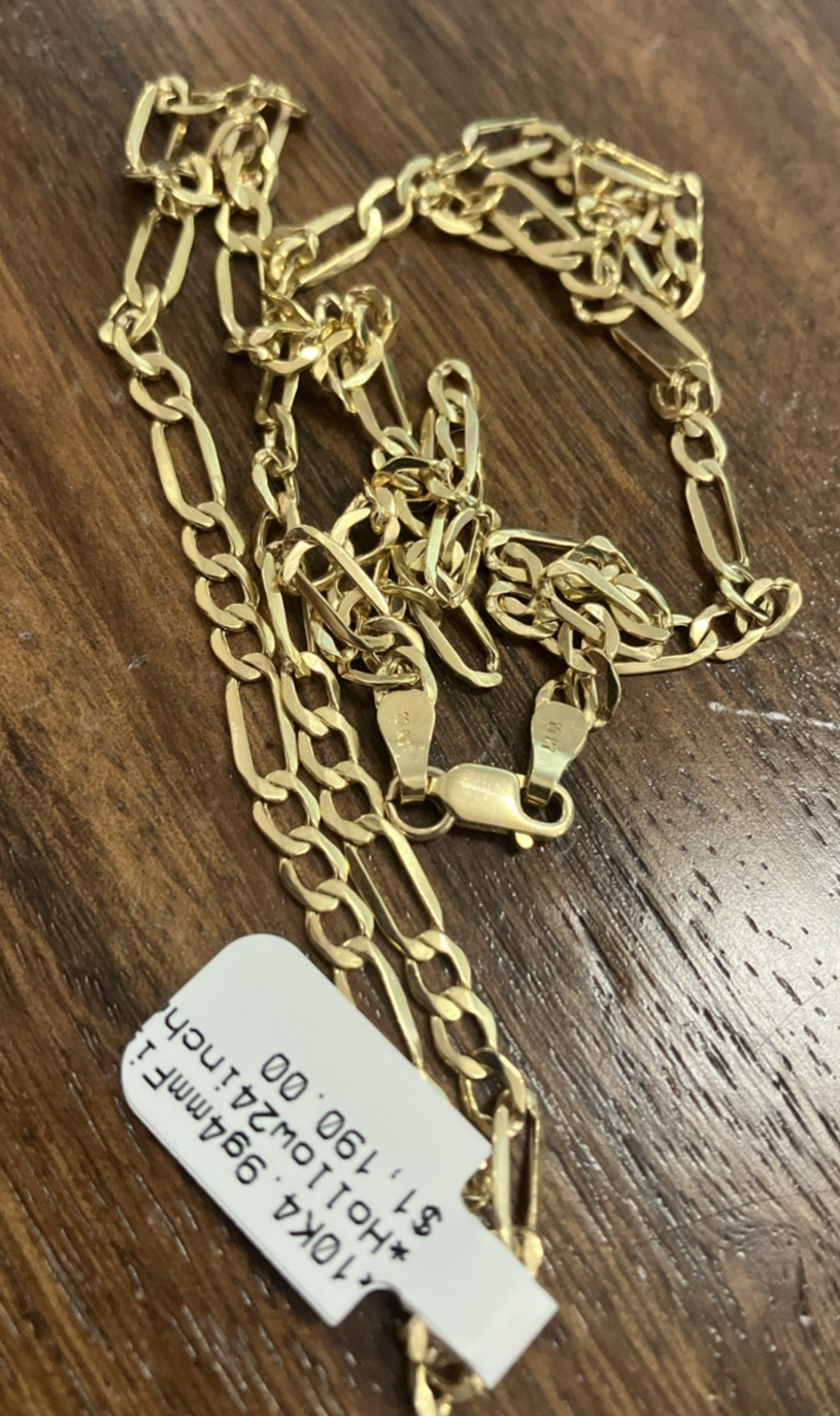 10kt Real Gold Figaro Link Hollow Chain 4.9grams 4mm 24” GND Brand New w/Tag 10K