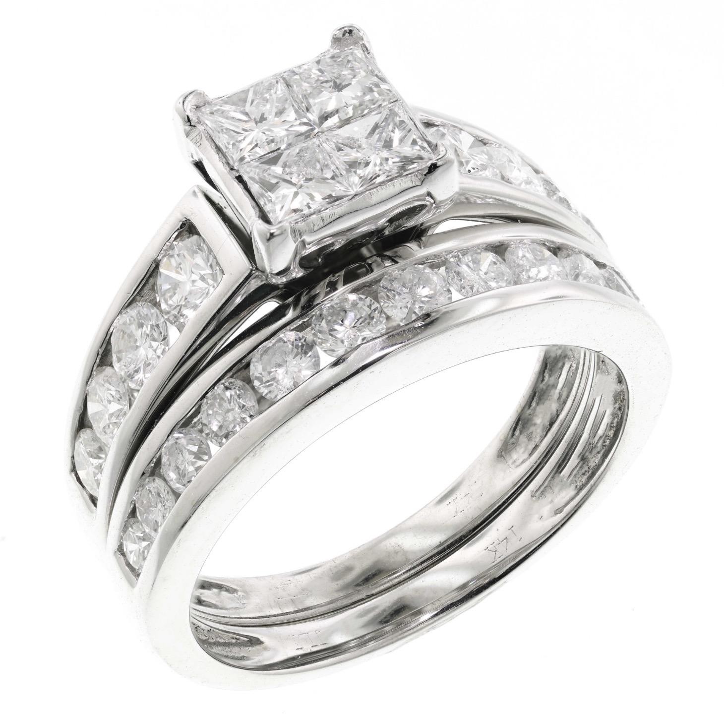 14K White Gold 1.91 Carat Quad Princess Diamond Engagement & Wedding Ring Set