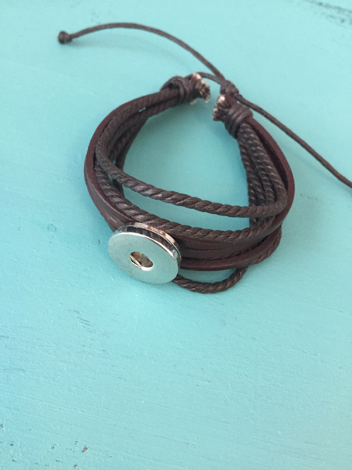 Genuine brown Leather multiple Strand tie Bracelet 18mm snap Button Jewelry