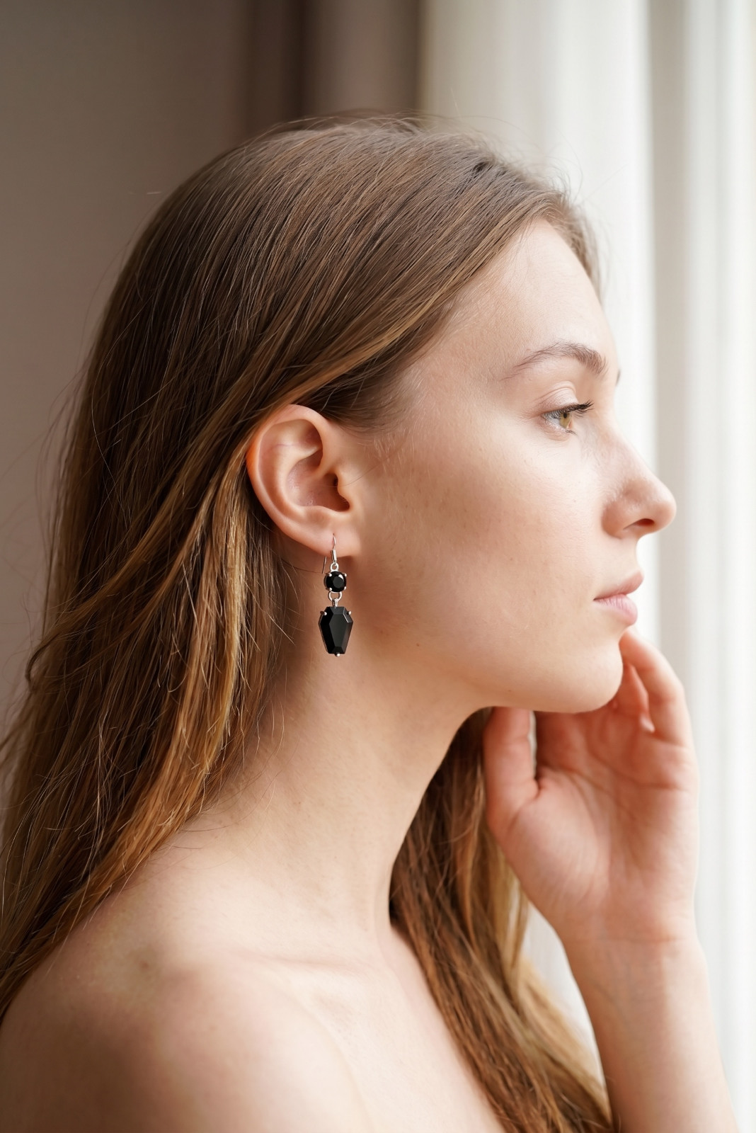 Designer Black Onyx Coffin 925 Solid Sterling Silver Dangle Drop Earrings