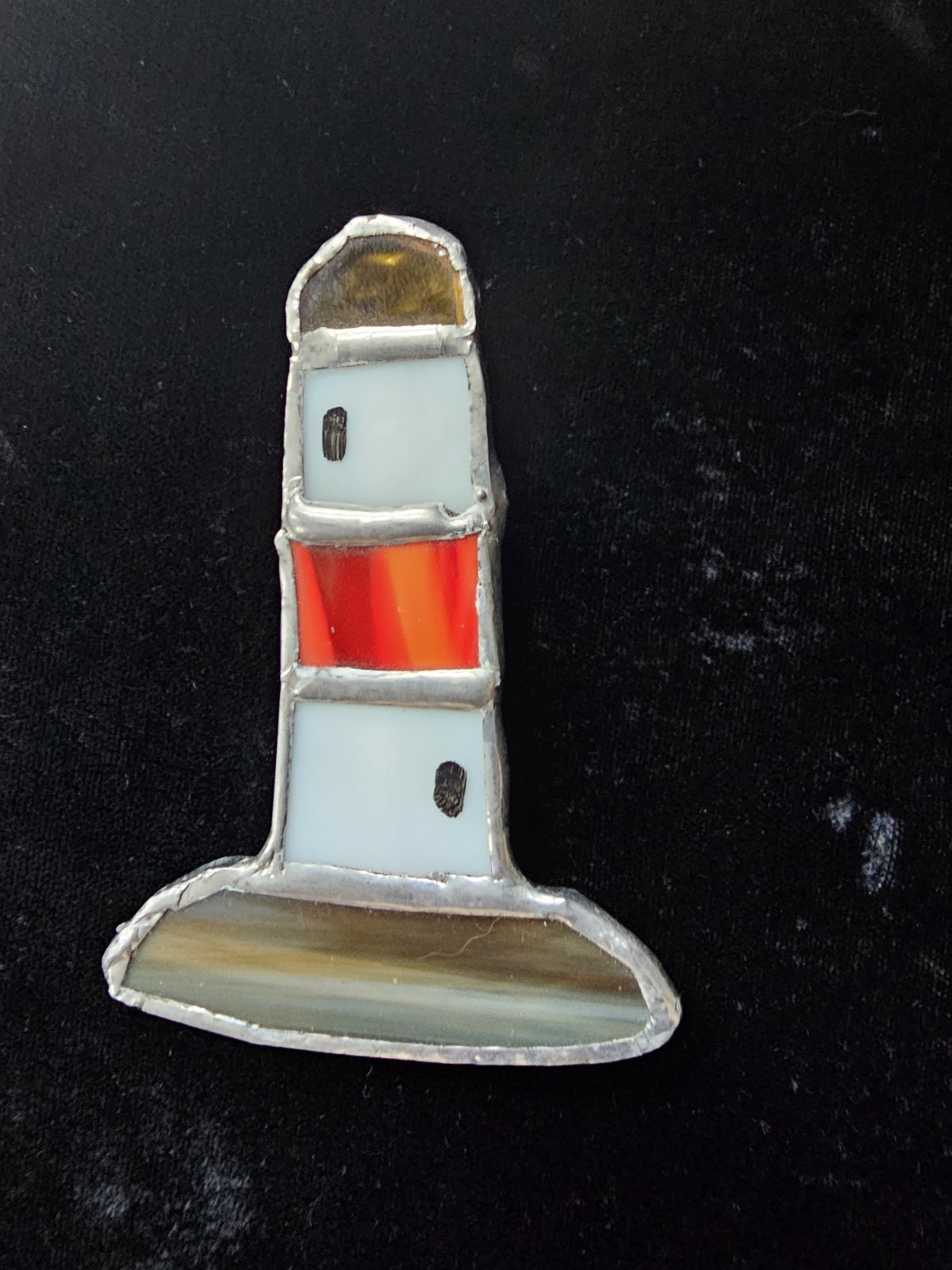 Vtg Retro Handmade Stained-Glass Large 3″ Lighthouse Brooch Pin Red White Sand