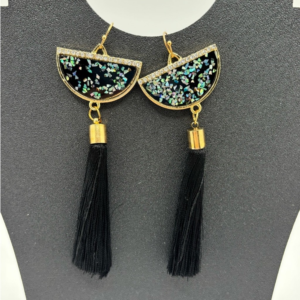 Elegant Black and Gold Tassel Earrings