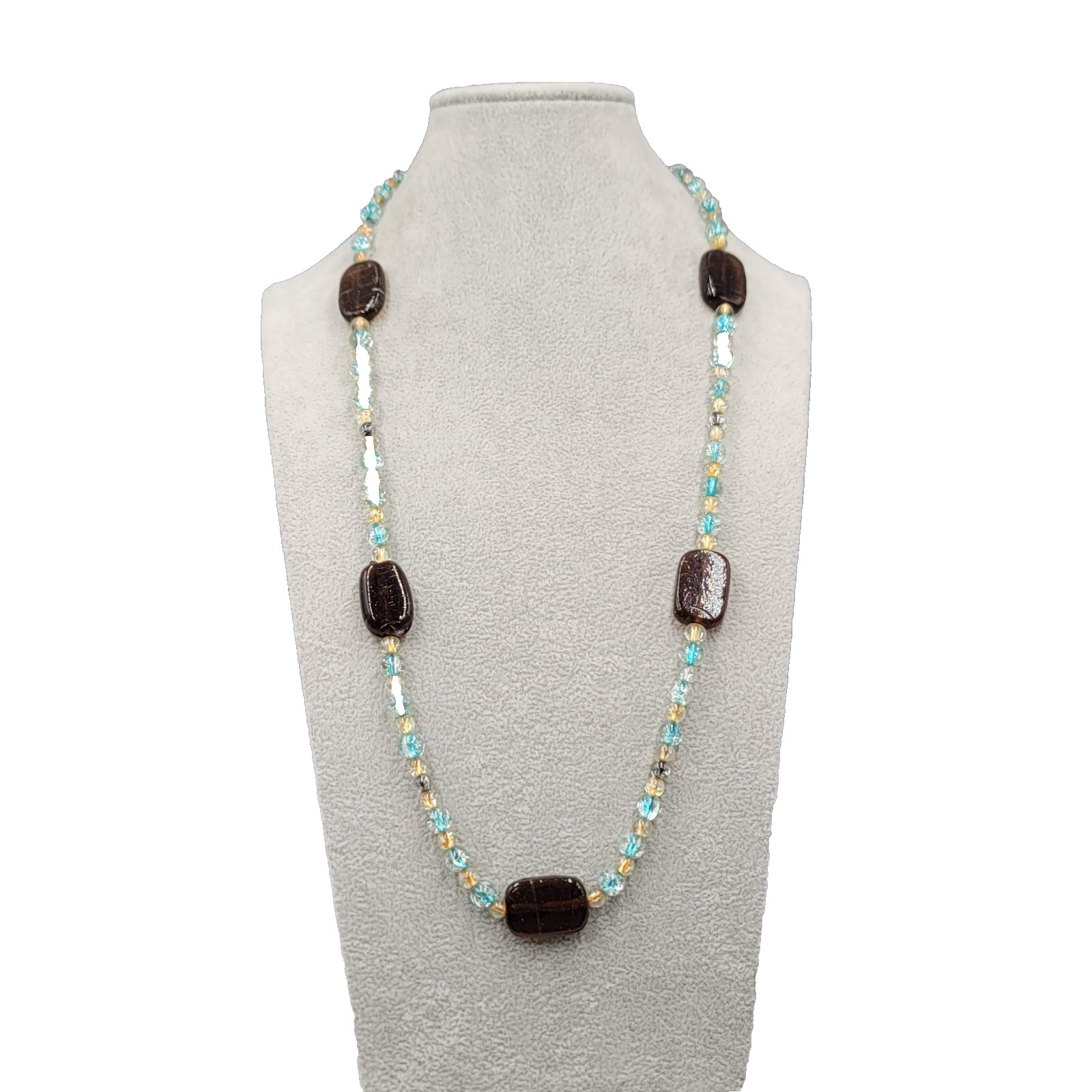 Artisan Brown Yellow Blue Glass Bead Necklace 28 in