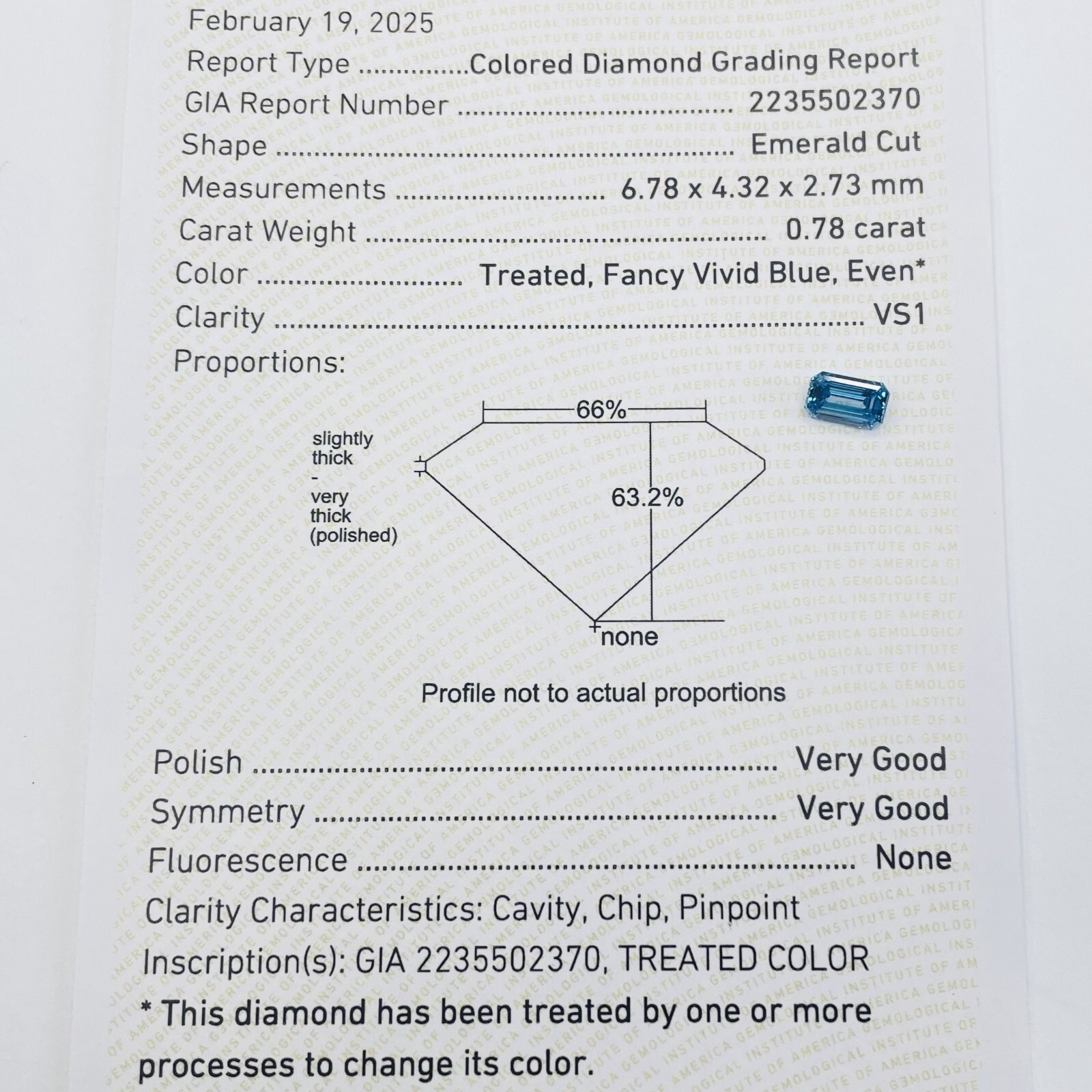 0.78 Carat Fancy VIvid Blue Diamond GIA Certified VS1 Emerald Cut