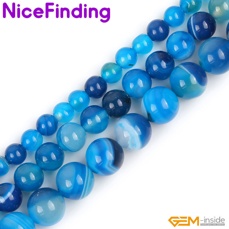 Natural Round Blue Smooth Sardonyx Agate Banded Beads For Jewelry Making 15”